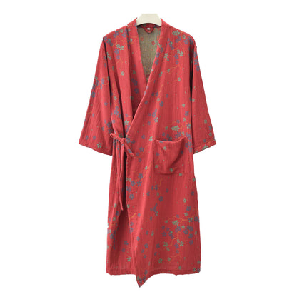 Jacquard Gauze Cotton Floral Lightweight Bathrobe - Brick Red - Asymmetrical Lapel - XL - image 1