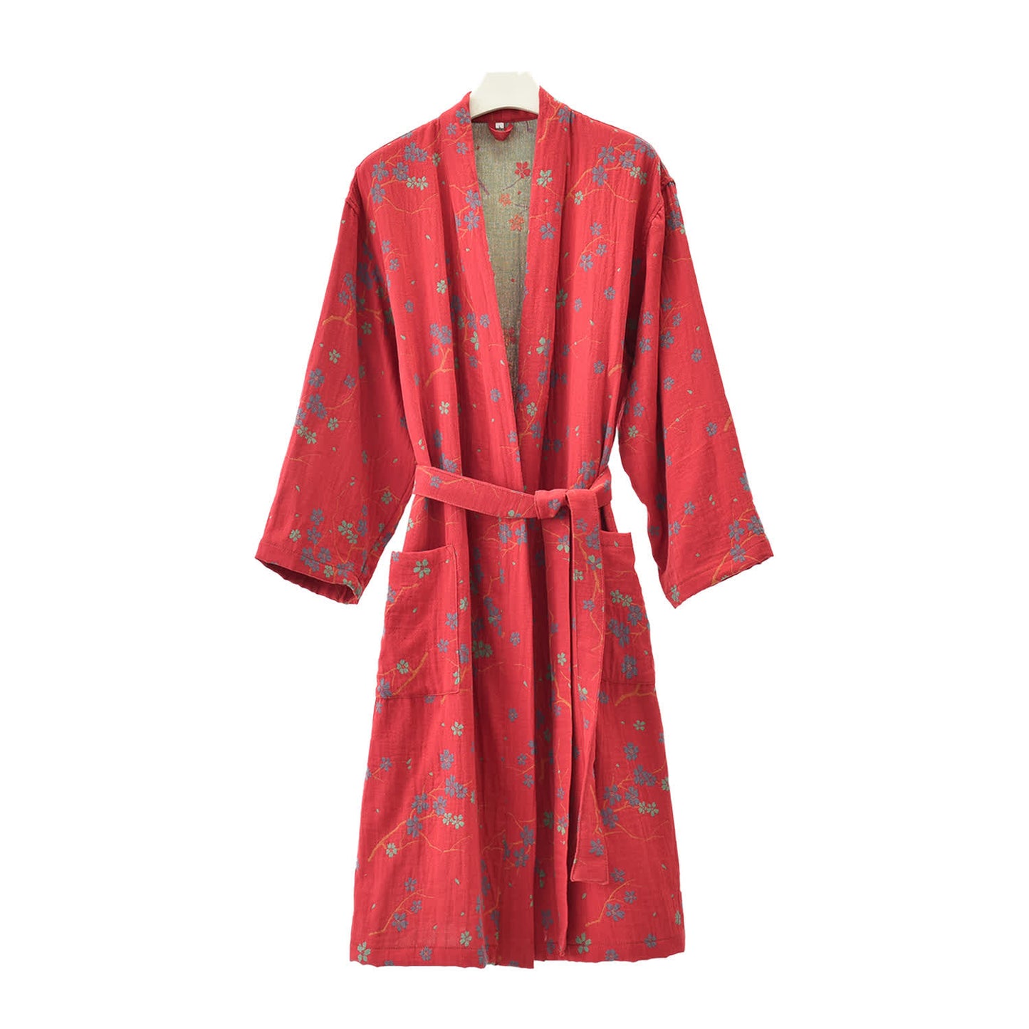 Jacquard Gauze Cotton Floral Lightweight Bathrobe - Brick Red - Kimono - XL - image 3