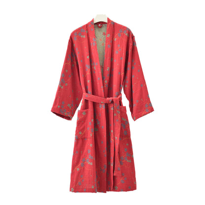 Jacquard Gauze Cotton Floral Lightweight Bathrobe - Brick Red - Kimono - XL - image 3