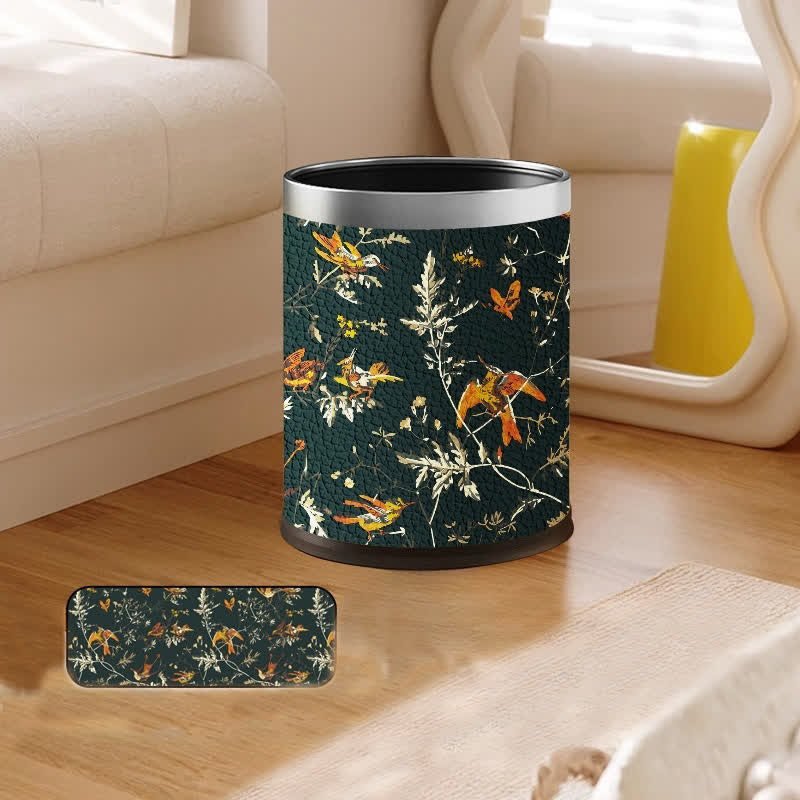 Floral Bird Leather Large Capacity Trash Bin - Standard-Silver circle - 9"W x 9"L x 10"H - image 1