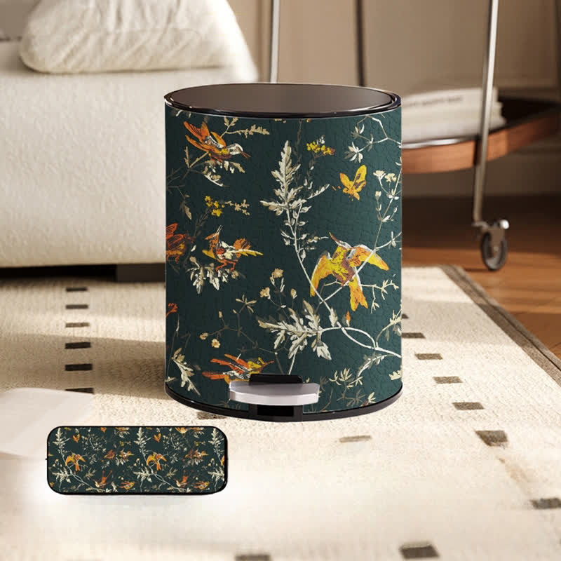 Floral Bird Leather Large Capacity Trash Bin - Foot-operated - 10"W x 10"L x 15"H - image 2