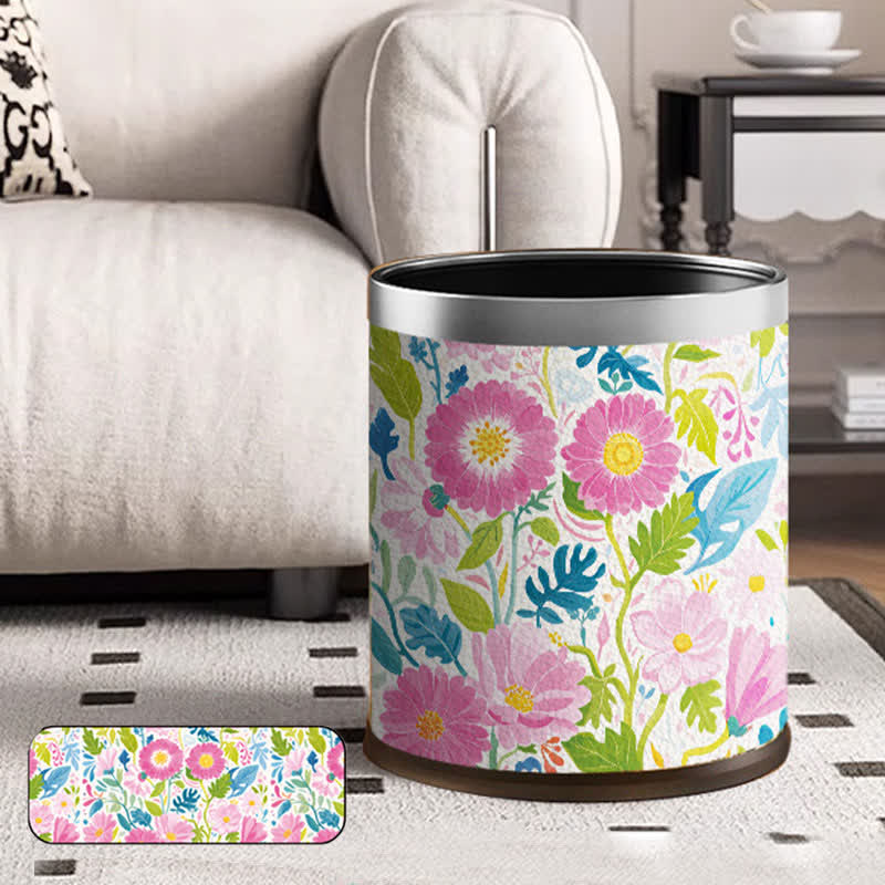 Blooming Flower Doubl Barrel Leather Trash Bin - B - Standard-Silver Circle - 9"W x 9"L x 10"H - image 7