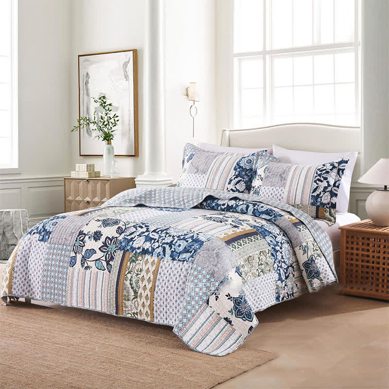 Quilted Floral Patchwork Cotton Bedding Set(3PCS) - image 1