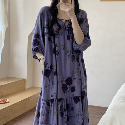 Retro Floral Breathable Soft Long Nightdress - image 2