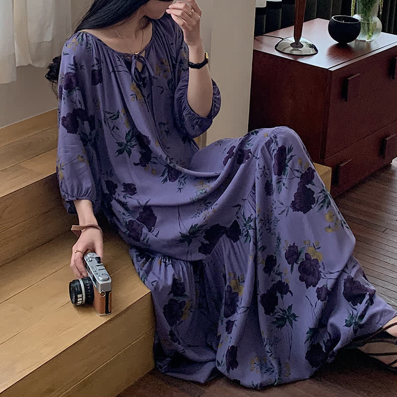 Retro Floral Breathable Soft Long Nightdress - image 3