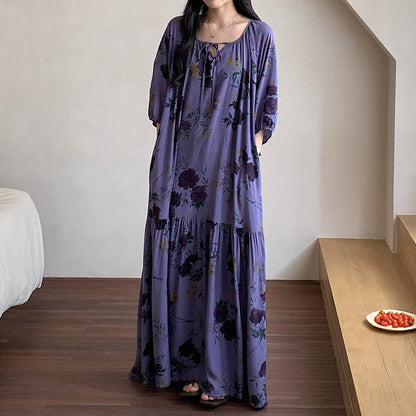 Retro Floral Breathable Soft Long Nightdress - L - image 0