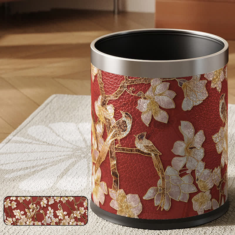 Floral Bird Luxurious Leather Trash Bin - A - Standard-Silver Circle - 9"W x 9"L x 10"H - image 2