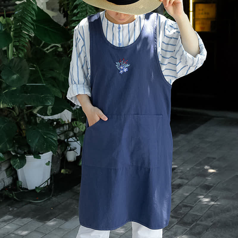 Thin Breathable Cotton Embroidered Flower Apron - Blue - image 7