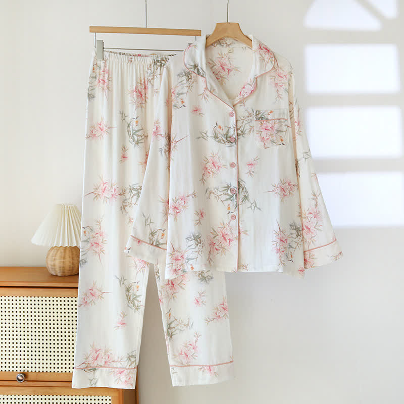 Elegant Cherry Blossom Branch Leaf Loungewear - Lapel-neck - XL - 1PC - image 3
