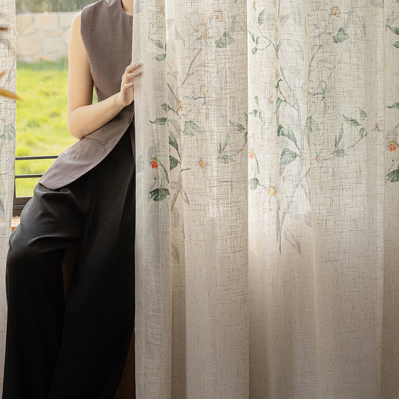 Bird and Plant Print Sheer Linen Gauze Curtain - image 4