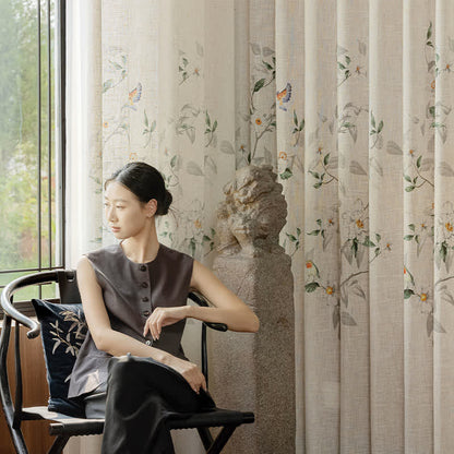 Bird and Plant Print Sheer Linen Gauze Curtain - image 2