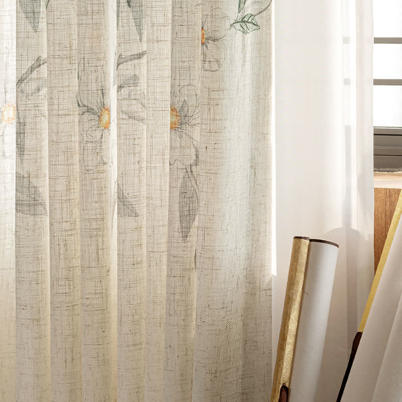 Bird and Plant Print Sheer Linen Gauze Curtain - image 8