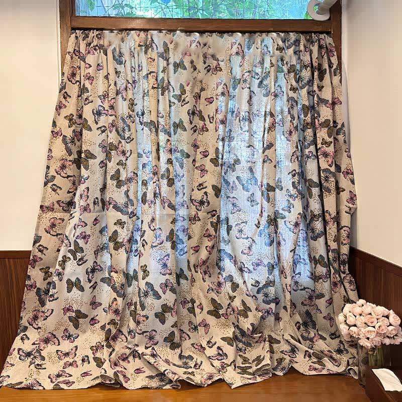 Rustic Butterfly Printed Cotton Linen Curtain - Hook - 55"W x 98"L - image 0