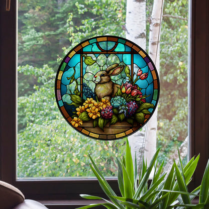 Floral Easter Bunny Stained Static Window Sticker - A - 8PCS - 10" x 10" - image 0