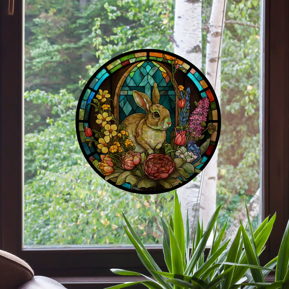 Floral Easter Bunny Stained Static Window Sticker - B - 8PCS - 10" x 10" - image 6