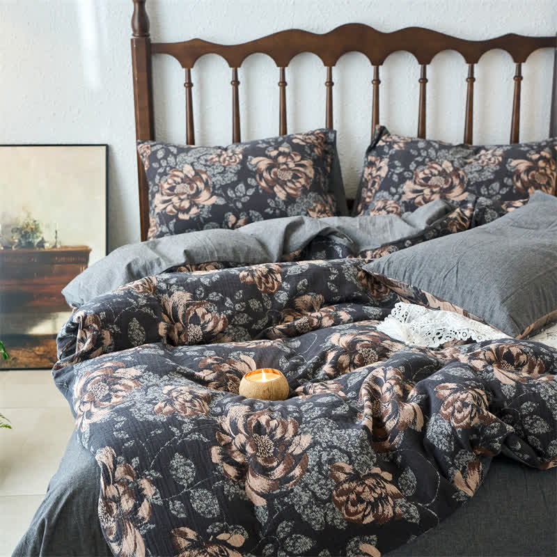 Retro Cotton Gauze Jacquard Floral Bedding Set(4PCS) - King - image 0