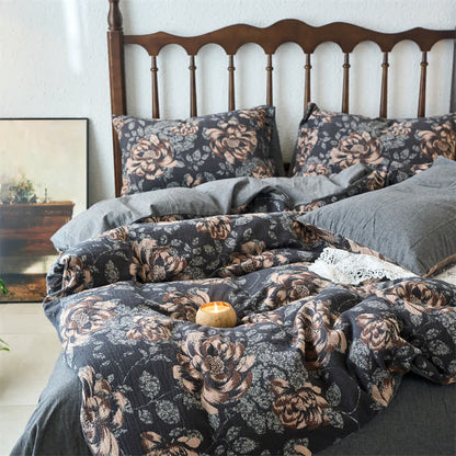 Retro Cotton Gauze Jacquard Floral Bedding Set(4PCS) - King - image 0