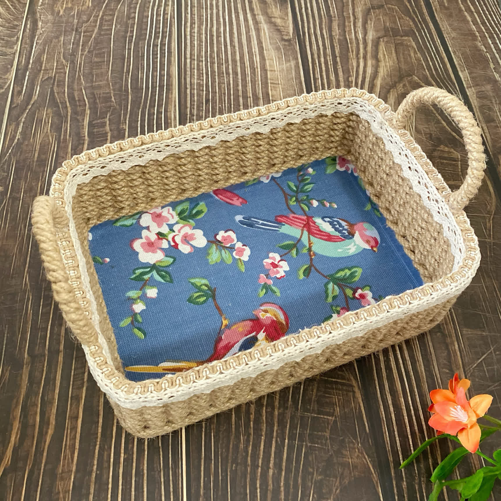 Retro Poetic Flower Bird Hand-Woven Storage Basket - 9.06"W x 6.30"L x 3.35"H - image 0