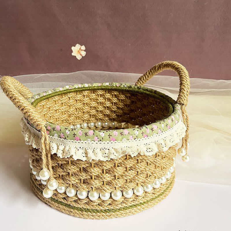 Hand-Woven Rustic Floral Lace Pearl Storage Basket - image 3