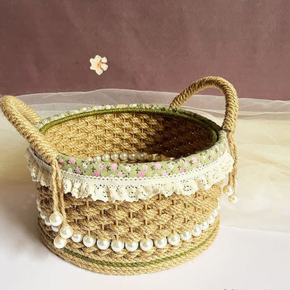 Hand-Woven Rustic Floral Lace Pearl Storage Basket - image 3
