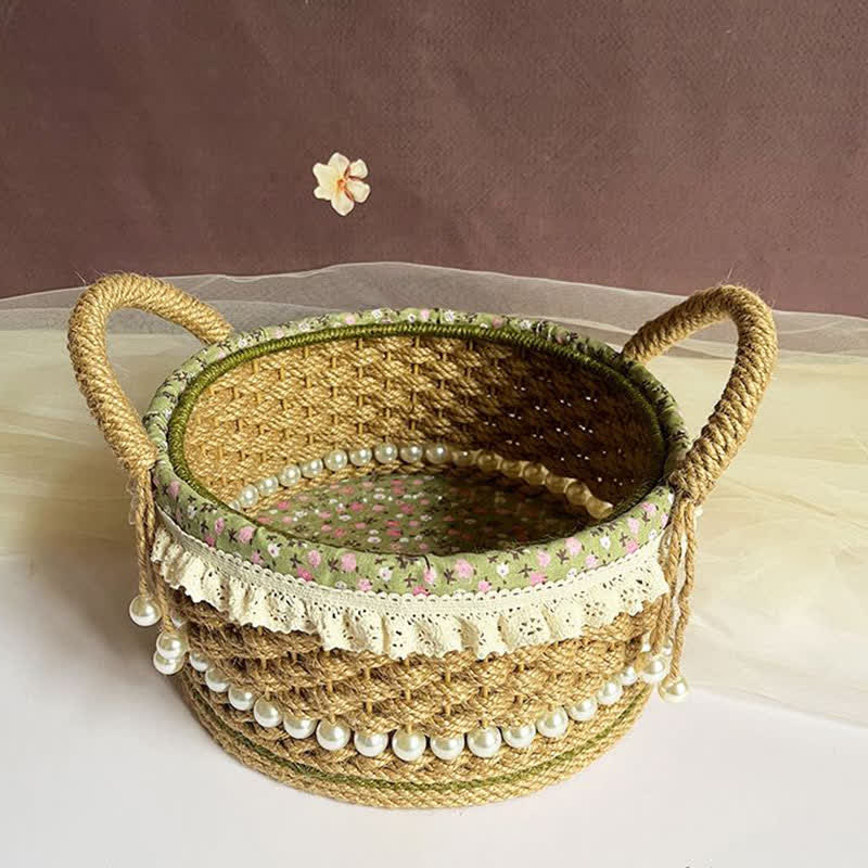 Hand-Woven Rustic Floral Lace Pearl Storage Basket - image 2