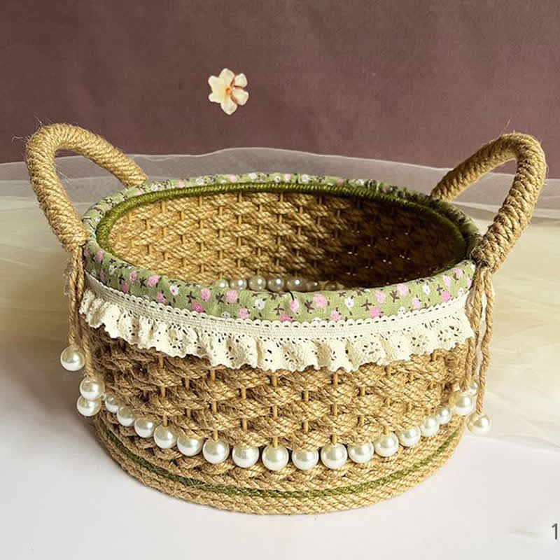 Hand-Woven Rustic Floral Lace Pearl Storage Basket - 9.84"W x 9.84"L x 4.33"H - image 0