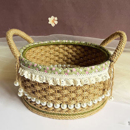 Hand-Woven Rustic Floral Lace Pearl Storage Basket - 9.84"W x 9.84"L x 4.33"H - image 0