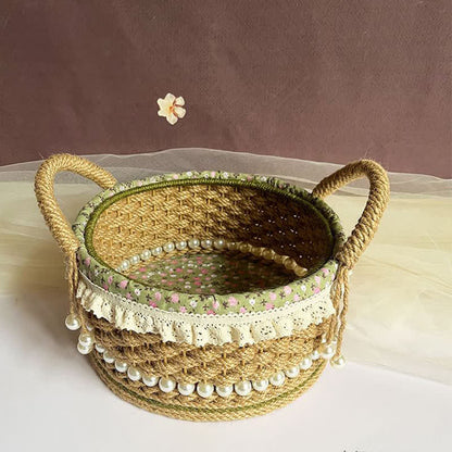Hand-Woven Rustic Floral Lace Pearl Storage Basket - image 4