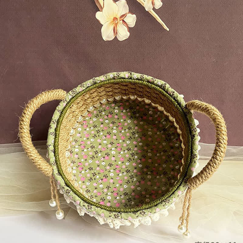 Hand-Woven Rustic Floral Lace Pearl Storage Basket - image 1