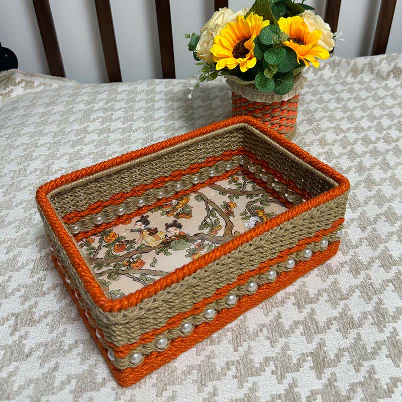 Rustic Hand-Woven Jacquard Storage Basket - B - 11.42"W x 6.30"L x 4.33"H - image 1