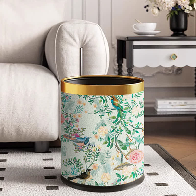 Floral Bird Leather Stainless Steel Trash Bin - Standard-Yellow Circle - 9"W x 9"L x 10"H - image 0
