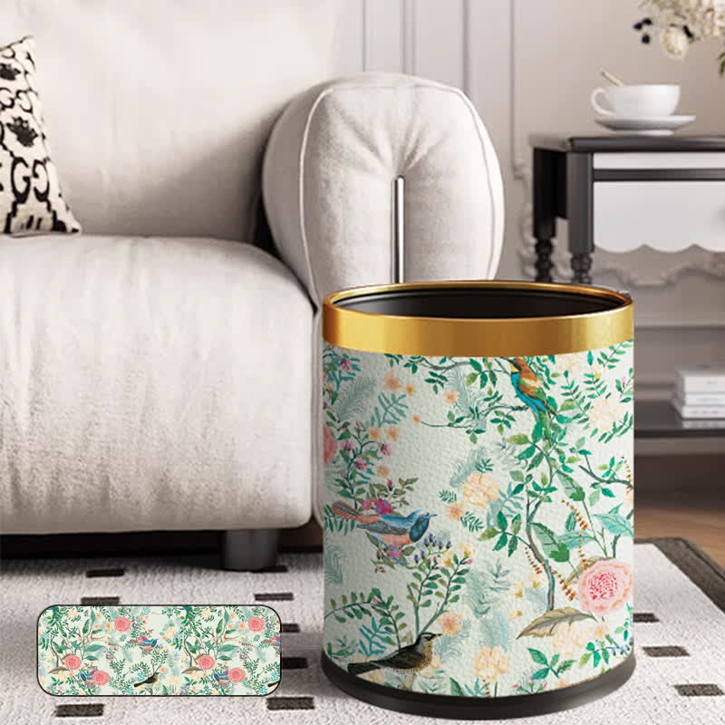 Floral Bird Leather Stainless Steel Trash Bin - image 1