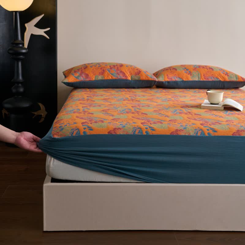 Yarn-dyed Jacquard Cotton Gauze Breathable Fitted Sheet - Sheet with 2PCS Pillowcases - King - image 0