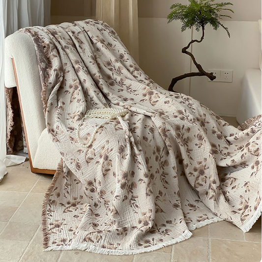 Vintage Floral Cotton Gauze Tassel Reversible Blanket - 79"W x 90"L - image 0