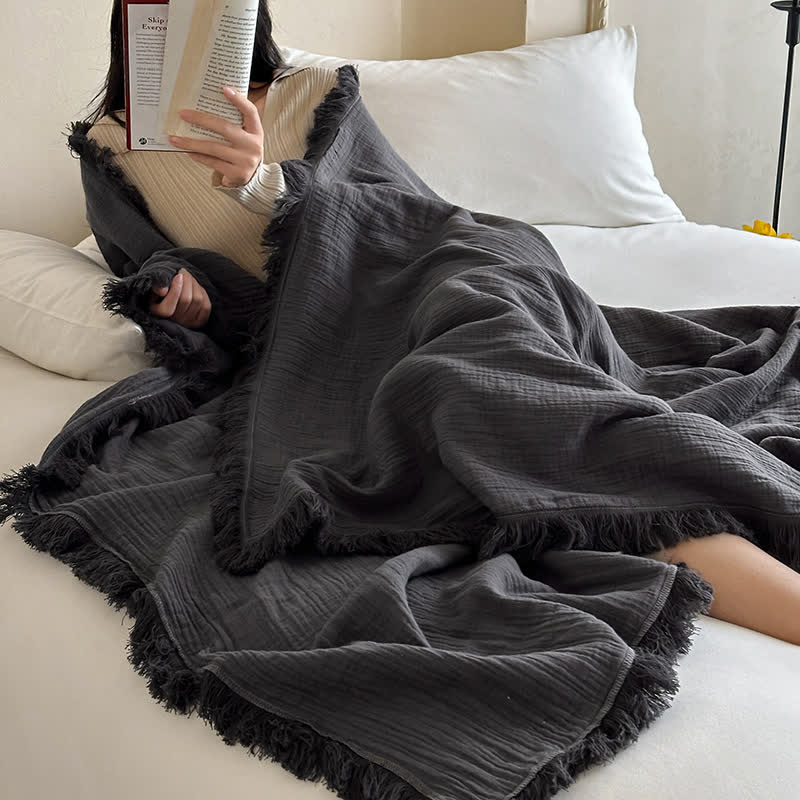 Simple Solid Color Tassel Cotton Gauze Blanket - image 1
