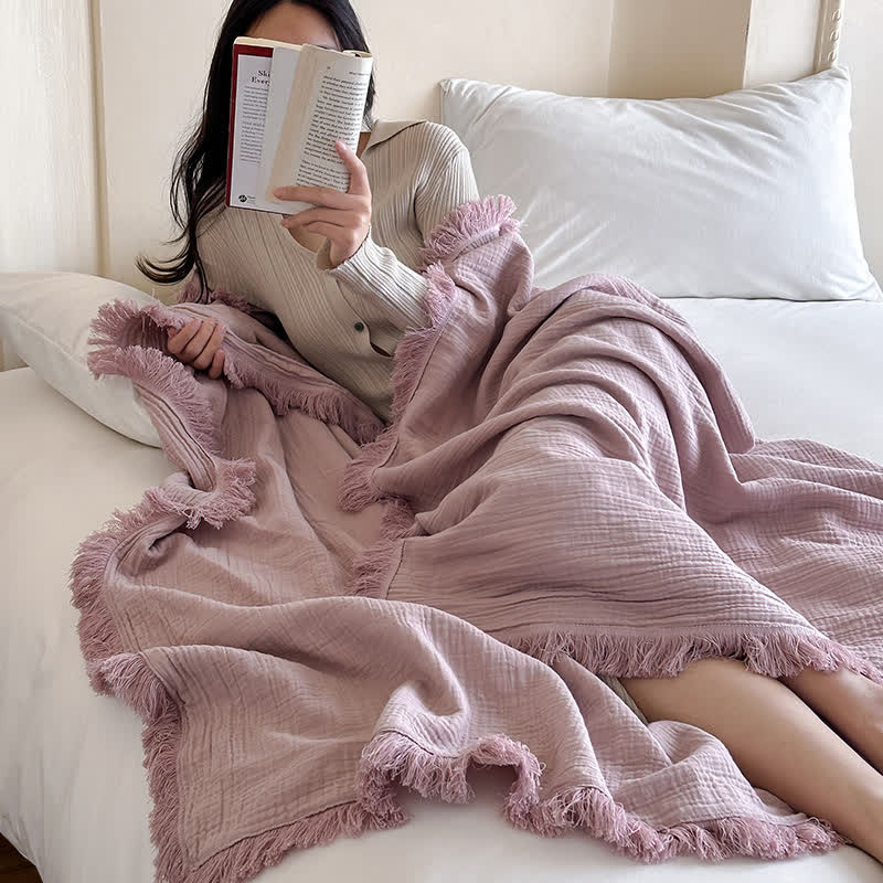 Simple Solid Color Tassel Cotton Gauze Blanket - image 12