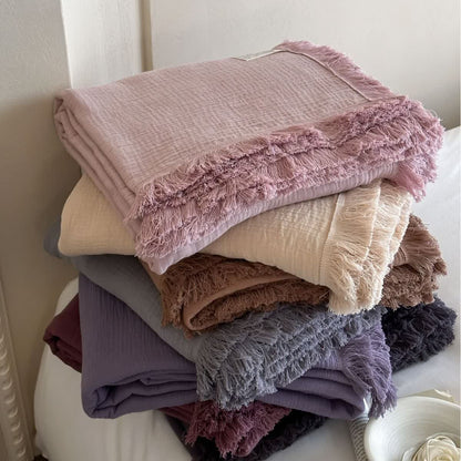 Simple Solid Color Tassel Cotton Gauze Blanket - image 0