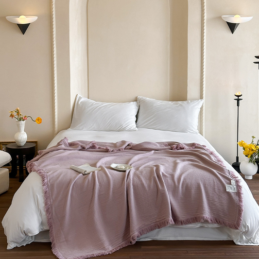 Simple Solid Color Tassel Cotton Gauze Blanket - Light Pink - 59"W x 79"L - image 0