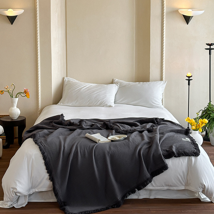 Simple Solid Color Tassel Cotton Gauze Blanket - Dark Grey - 59"W x 79"L - image 2