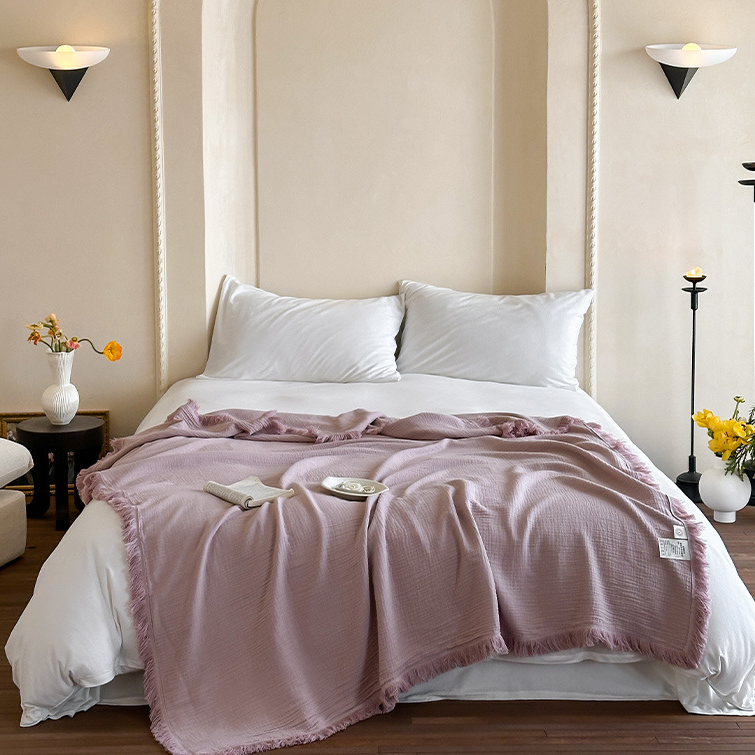 Simple Solid Color Tassel Cotton Gauze Blanket - Light Pink - 59"W x 79"L - image 11