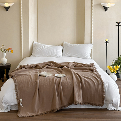 Simple Solid Color Tassel Cotton Gauze Blanket - Coffee - 59"W x 79"L - image 17