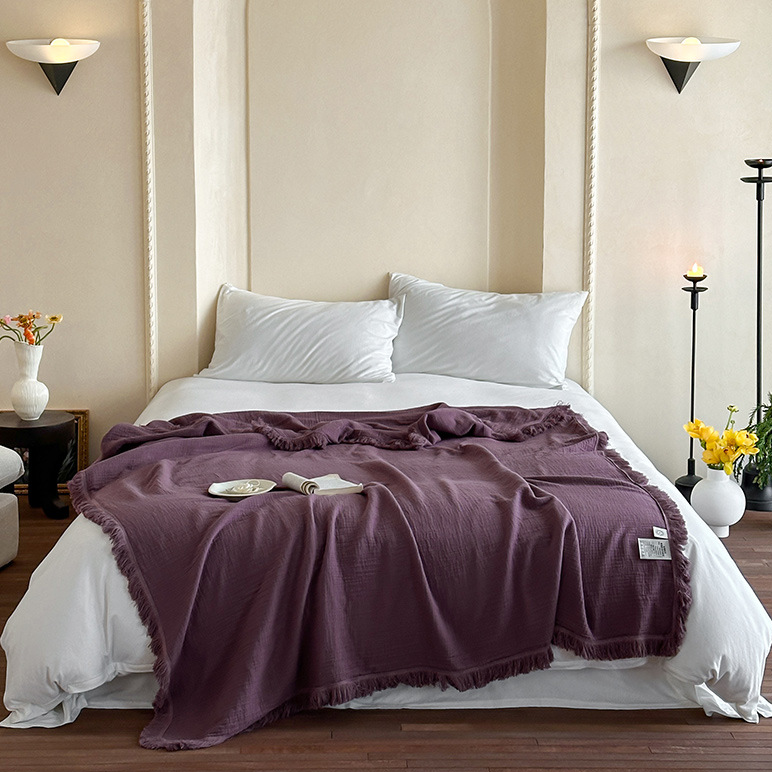 Simple Solid Color Tassel Cotton Gauze Blanket - Dark Purple - 59"W x 79"L - image 21