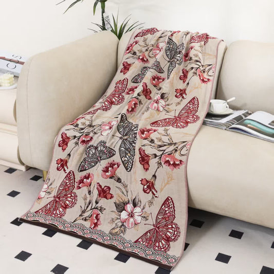 Floral Butterfly Cotton Gauze Breathable Bath Towel - Beige & Red Bean Paste - 31" x 63" - image 0