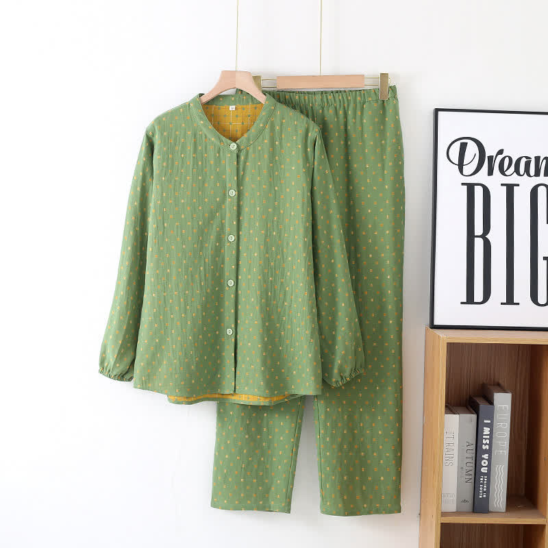 Button-down Cotton Gauze Soft Pajama Set - Green - Women XL - image 2