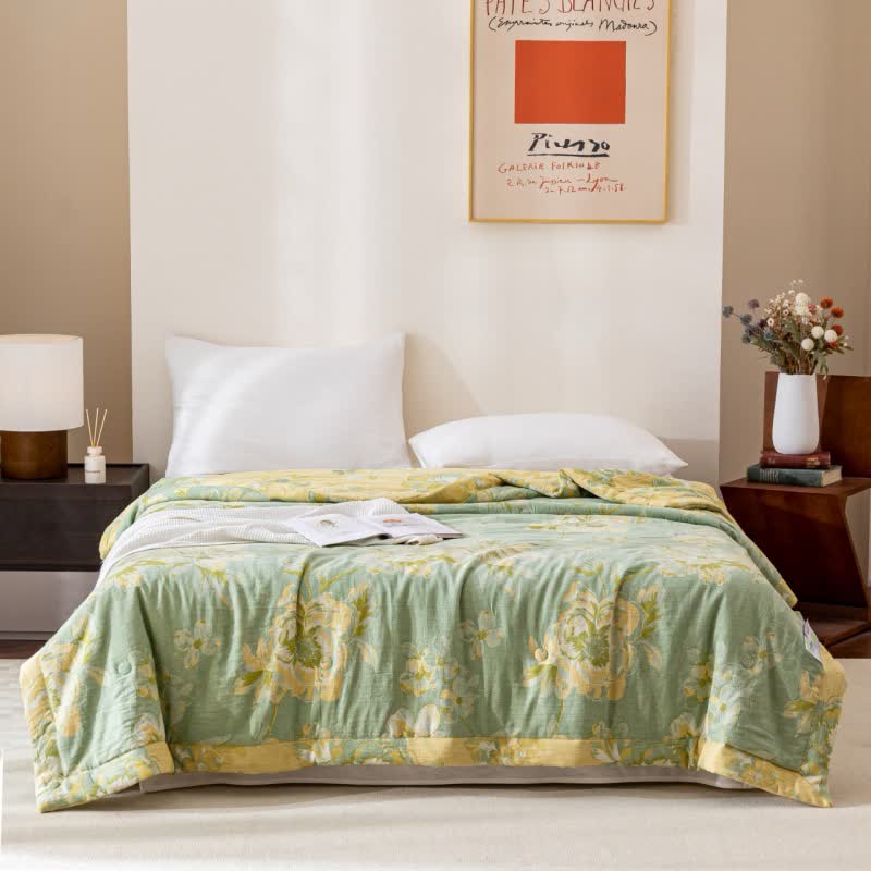 Yarn-dyed Cotton Gauze Jacquard Floral Quilt - Light Green - Queen - image 5