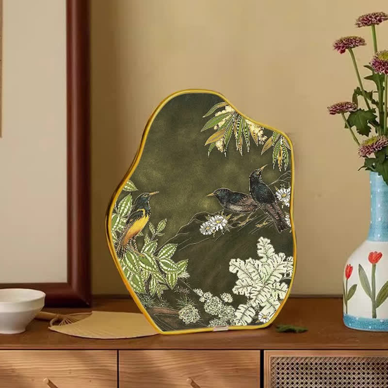 Floral Bird Desktop Painting Ornament - Yellow Frame - 2PCS - 8"W x 10"H - image 0