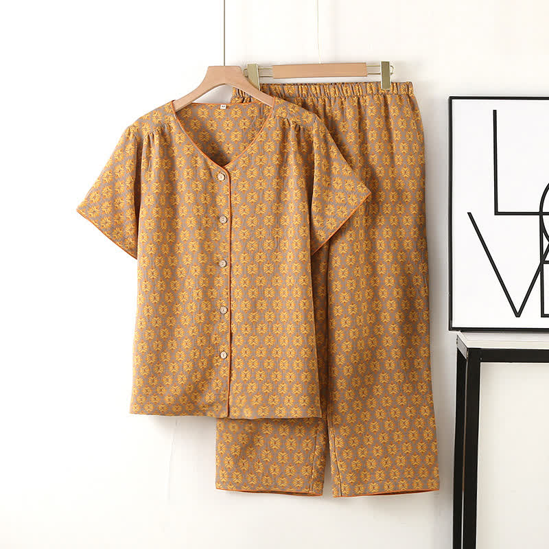 V-neck Vintage Jacquard Cotton Gauze Pajama Set - Yellow - XL - image 2