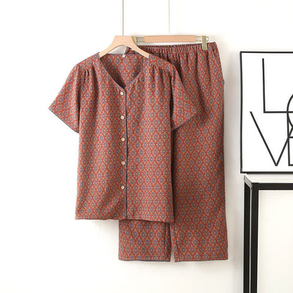 V-neck Vintage Jacquard Cotton Gauze Pajama Set - Brick Red - XL - image 10