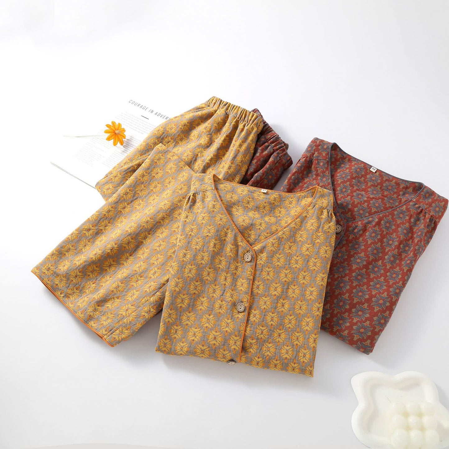 V-neck Vintage Jacquard Cotton Gauze Pajama Set - image 1