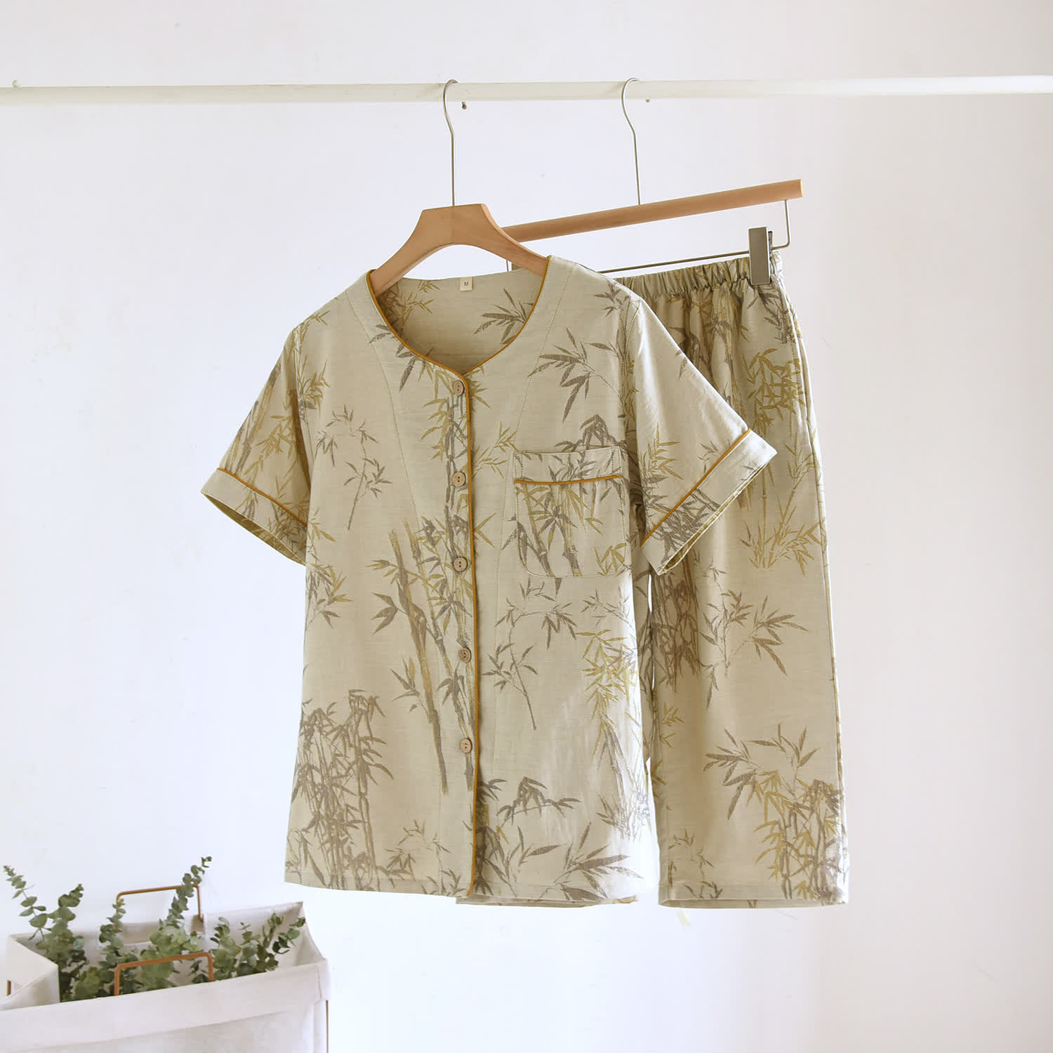 Rural Bamboo Cardigan Pure Cotton Pajama Set - Khaki - XL - image 11